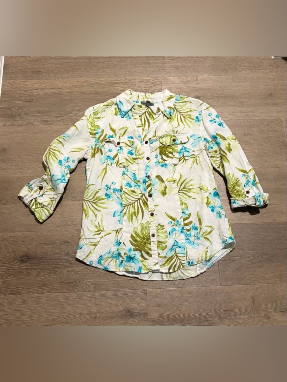 JM Collection White Shirt with Green and Aqua Tropical Print